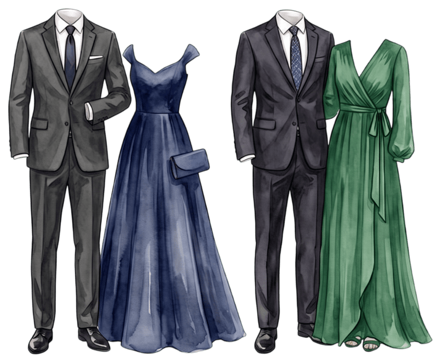 Guía de vestimenta formal: traje oscuro y vestido largo