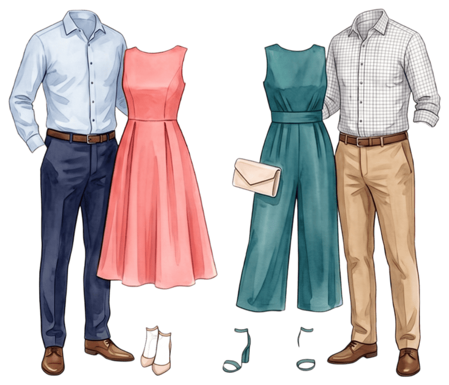 Guía de vestimenta semi formal: camisa y pantalón, vestido midi o jumpsuit